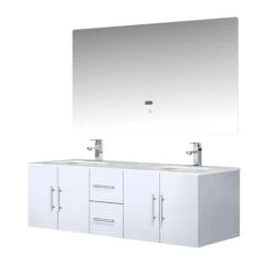 Lexora Geneva 60" Glossy White Double Vanity, White Carrara Marble Top, White Square Sinks And 60" LED Mirror W/ Faucets -Home And Outdoor LG192260DMDSLM60F 6