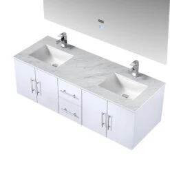 Lexora Geneva 60" Glossy White Double Vanity, White Carrara Marble Top, White Square Sinks And 60" LED Mirror W/ Faucets -Home And Outdoor LG192260DMDSLM60F 8