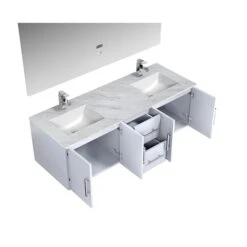 Lexora Geneva 60" Glossy White Double Vanity, White Carrara Marble Top, White Square Sinks And 60" LED Mirror W/ Faucets -Home And Outdoor LG192260DMDSLM60F 9