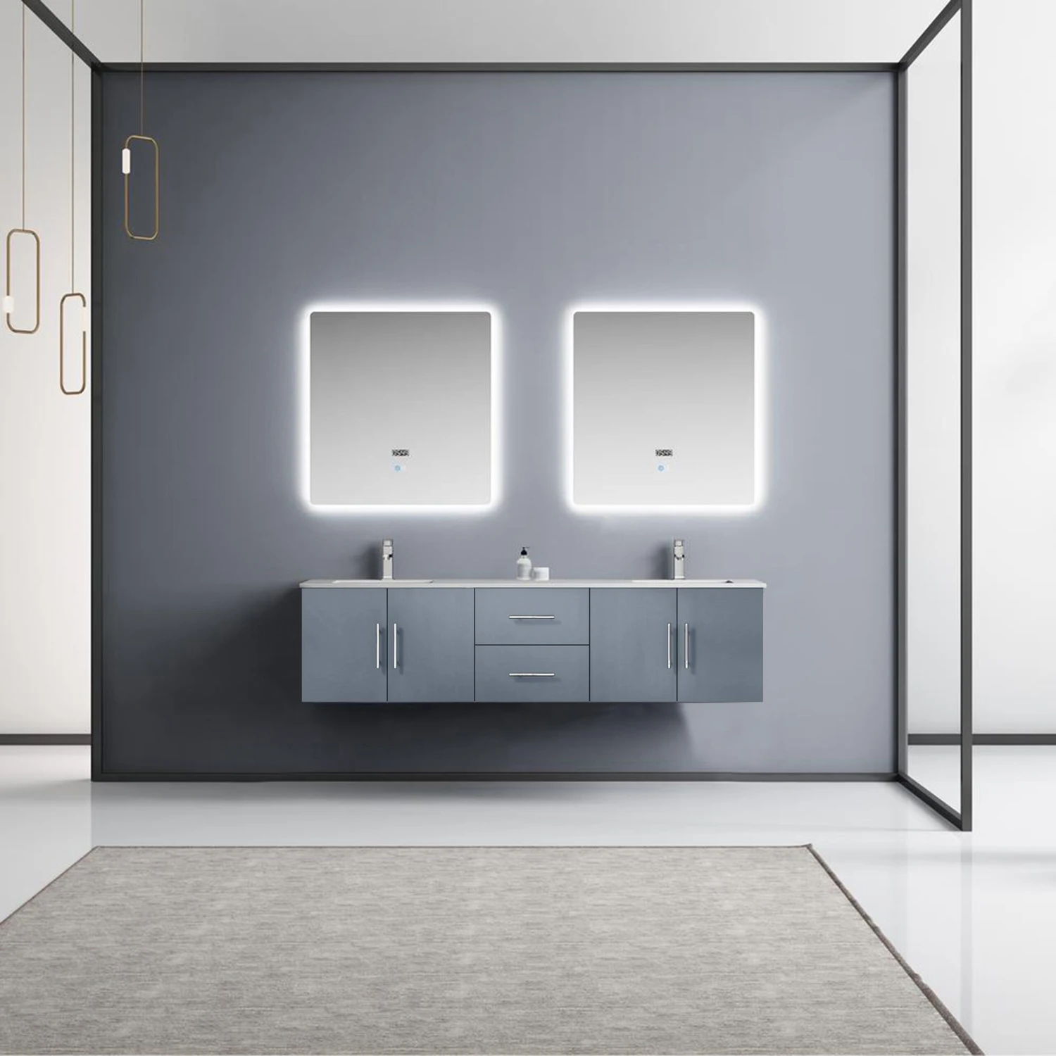 Lexora Geneva 72" Dark Grey Double Vanity, White Carrara Marble Top, White Square Sinks And 30" LED Mirrors W/ Faucets 4 Lexora Geneva 72" Dark Grey Double Vanity, White Carrara Marble Top, White Square Sinks And 30" LED Mirrors W/ Faucets - Image 2