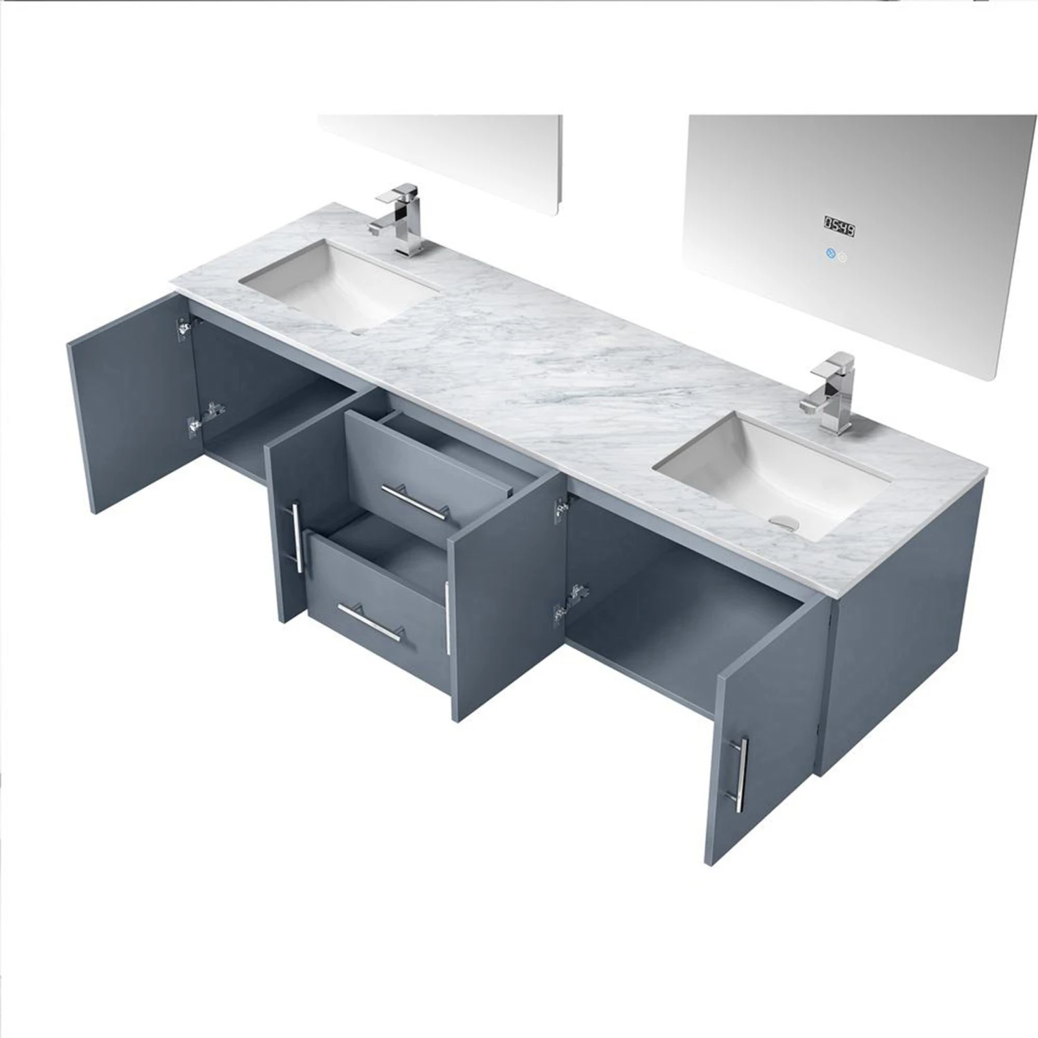 Lexora Geneva 72" Dark Grey Double Vanity, White Carrara Marble Top, White Square Sinks And 30" LED Mirrors W/ Faucets 13 Lexora Geneva 72" Dark Grey Double Vanity, White Carrara Marble Top, White Square Sinks And 30" LED Mirrors W/ Faucets - Image 11