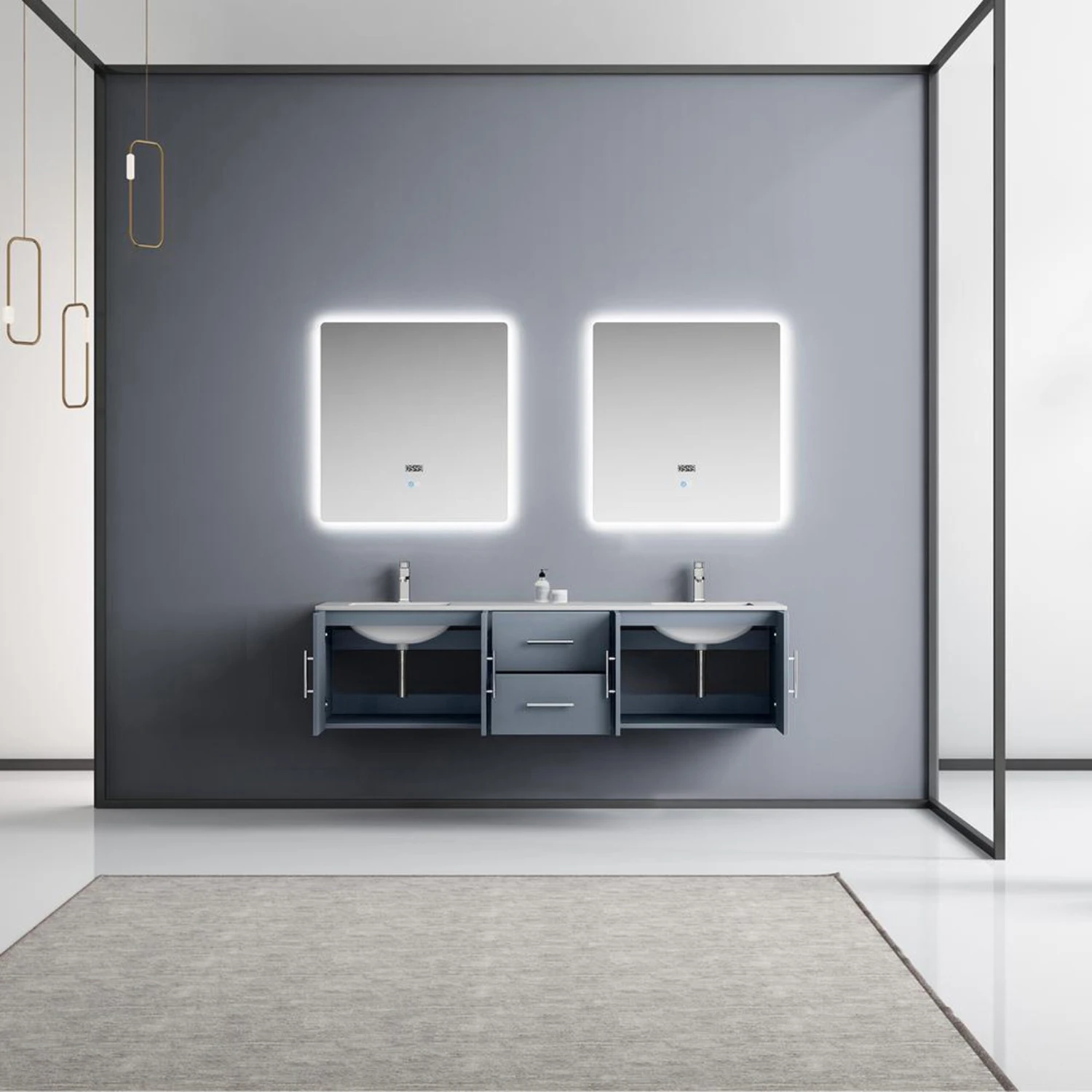 Lexora Geneva 72" Dark Grey Double Vanity, White Carrara Marble Top, White Square Sinks And 30" LED Mirrors W/ Faucets 5 Lexora Geneva 72" Dark Grey Double Vanity, White Carrara Marble Top, White Square Sinks And 30" LED Mirrors W/ Faucets - Image 3