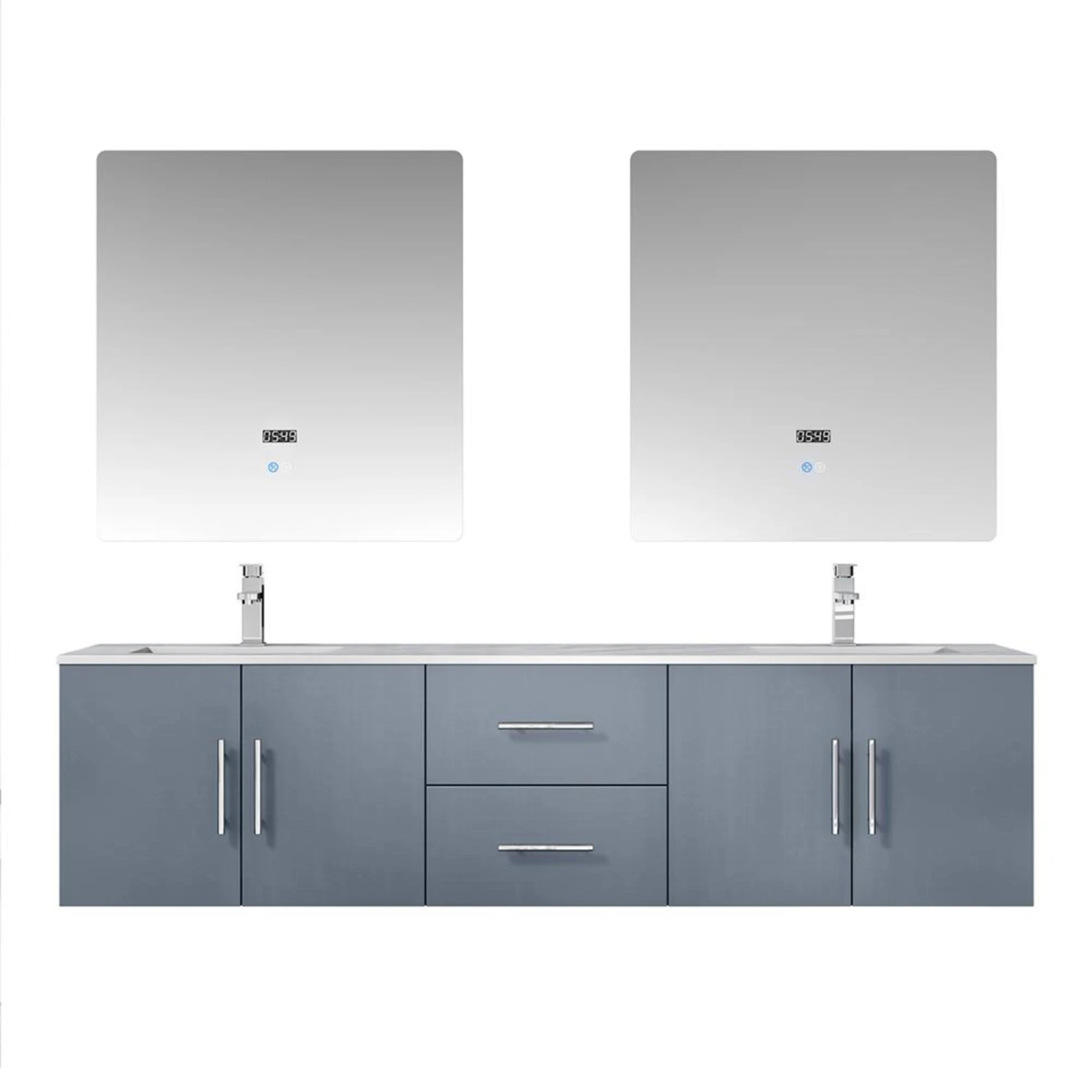 Lexora Geneva 72" Dark Grey Double Vanity, White Carrara Marble Top, White Square Sinks And 30" LED Mirrors W/ Faucets 3 Lexora Geneva 72" Dark Grey Double Vanity, White Carrara Marble Top, White Square Sinks And 30" LED Mirrors W/ Faucets