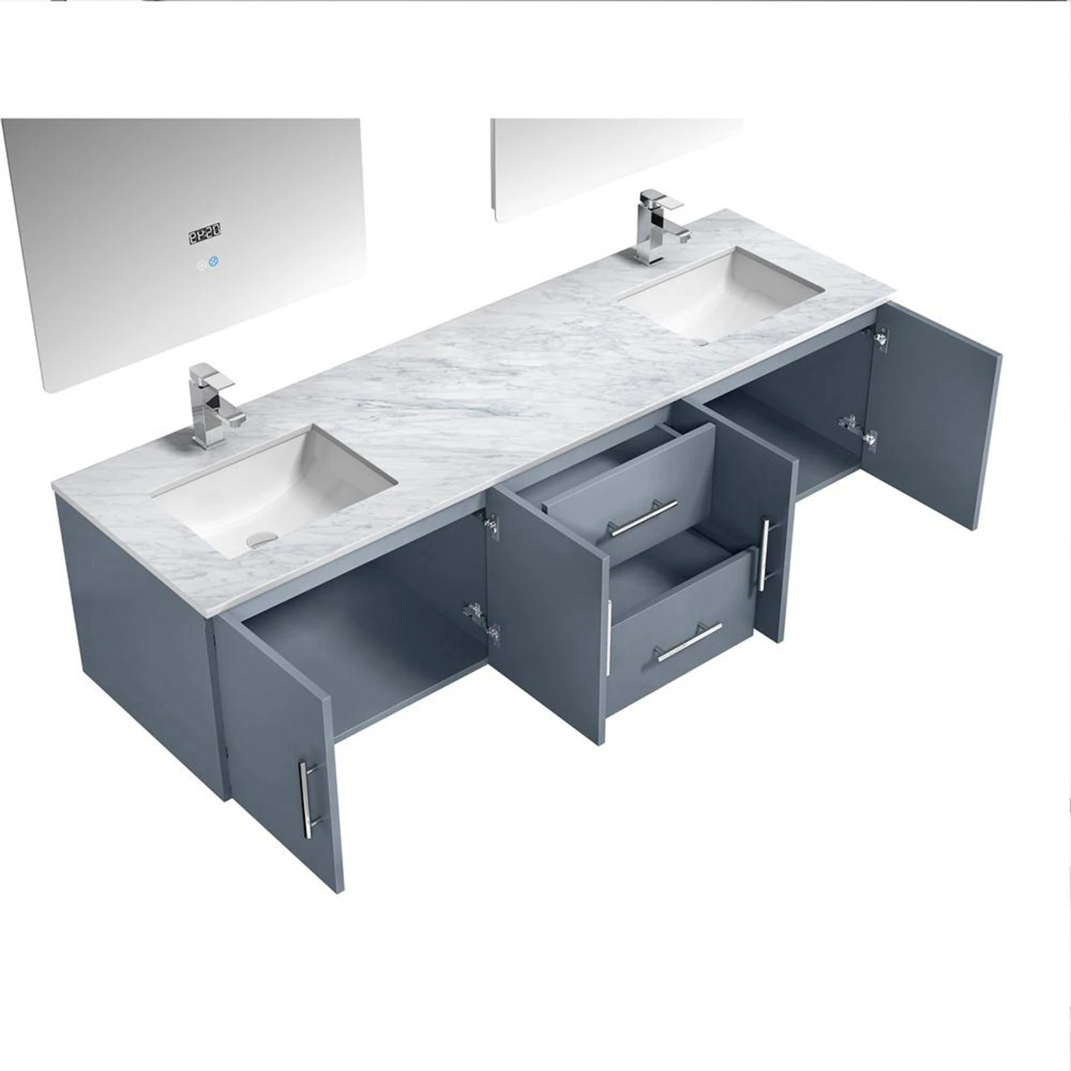Lexora Geneva 72" Dark Grey Double Vanity, White Carrara Marble Top, White Square Sinks And 30" LED Mirrors W/ Faucets 12 Lexora Geneva 72" Dark Grey Double Vanity, White Carrara Marble Top, White Square Sinks And 30" LED Mirrors W/ Faucets - Image 10