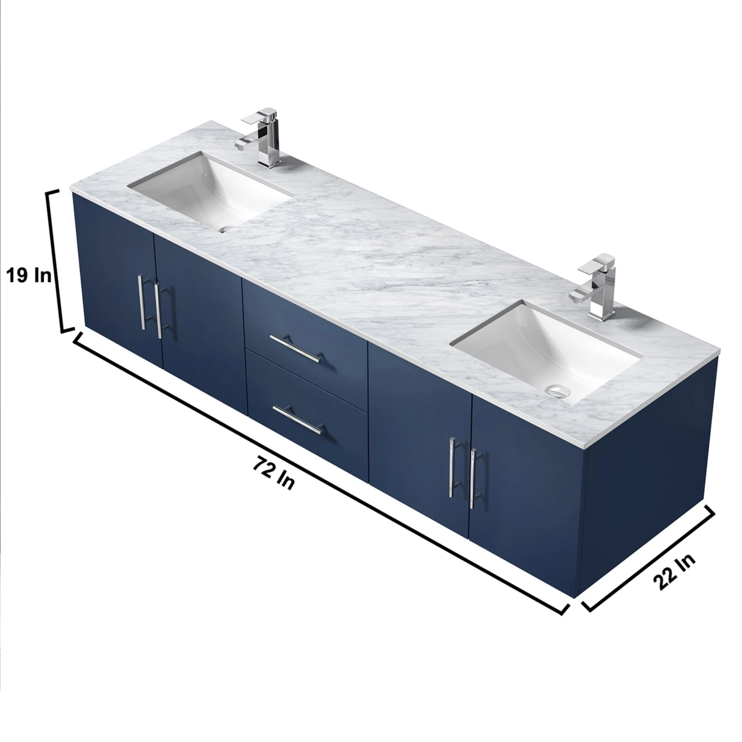 Lexora Geneva 72" Navy Blue Double Vanity, White Carrara Marble Top, White Square Sinks And 30" LED Mirrors W/ Faucets 14 Lexora Geneva 72" Navy Blue Double Vanity, White Carrara Marble Top, White Square Sinks And 30" LED Mirrors W/ Faucets - Image 12