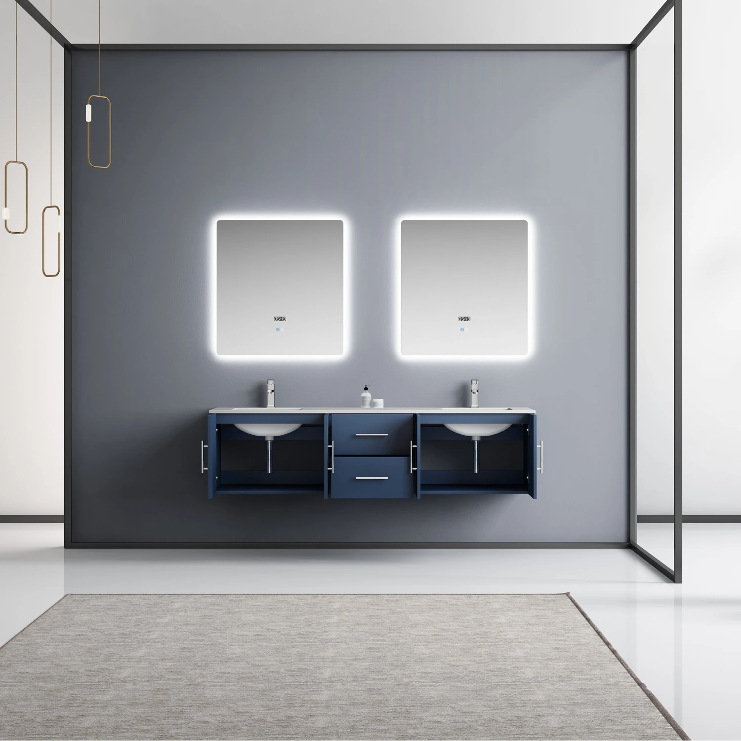 Lexora Geneva 72" Navy Blue Double Vanity, White Carrara Marble Top, White Square Sinks And 30" LED Mirrors W/ Faucets 5 Lexora Geneva 72" Navy Blue Double Vanity, White Carrara Marble Top, White Square Sinks And 30" LED Mirrors W/ Faucets - Image 3