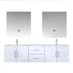 Home And Outdoor 22 Lexora Geneva 72" Glossy White Double Vanity, White Carrara Marble Top, White Square Sinks And 30" LED Mirrors W/ Faucets