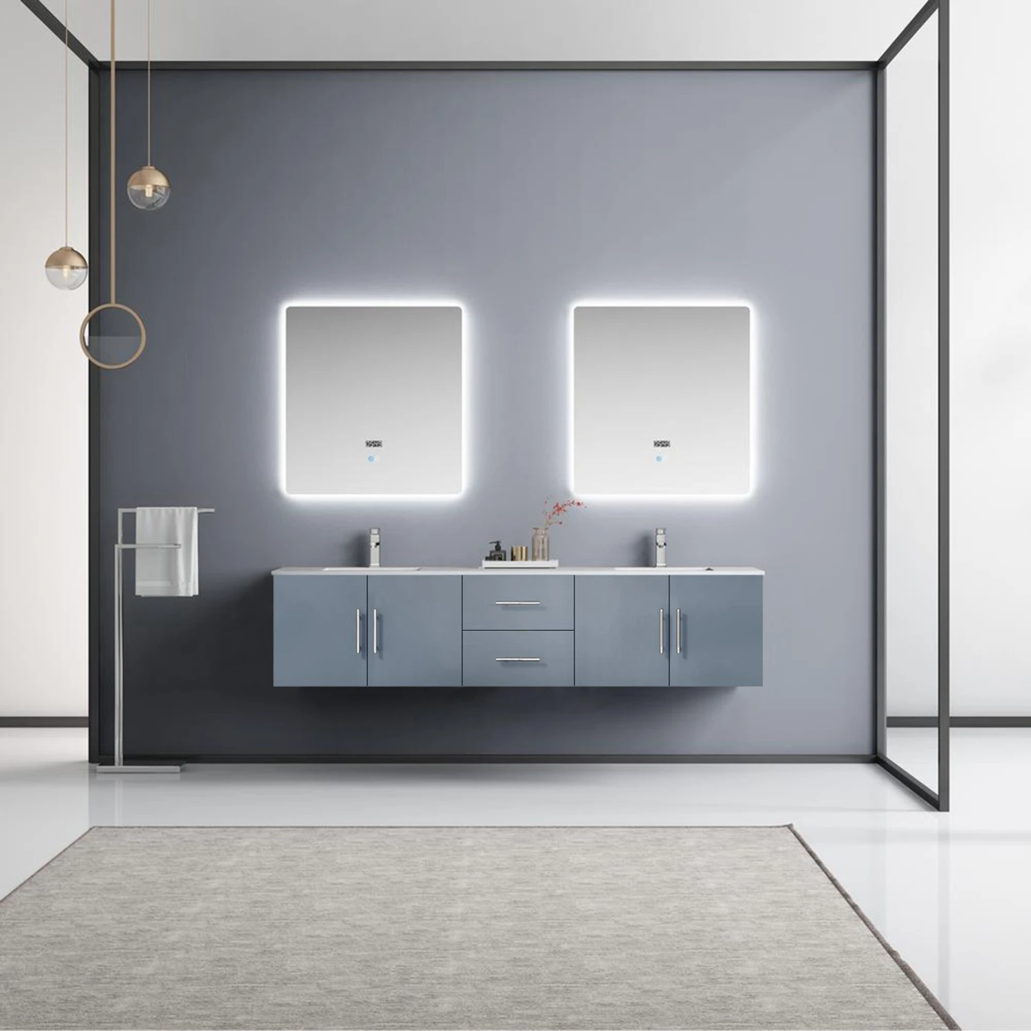 Lexora Geneva 80" Dark Grey Double Vanity, White Carrara Marble Top, White Square Sinks And 30" LED Mirrors W/ Faucets 4 Lexora Geneva 80" Dark Grey Double Vanity, White Carrara Marble Top, White Square Sinks And 30" LED Mirrors W/ Faucets - Image 2