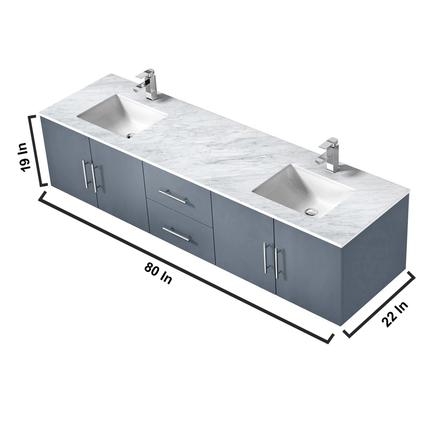 Lexora Geneva 80" Dark Grey Double Vanity, White Carrara Marble Top, White Square Sinks And 30" LED Mirrors W/ Faucets 14 Lexora Geneva 80" Dark Grey Double Vanity, White Carrara Marble Top, White Square Sinks And 30" LED Mirrors W/ Faucets - Image 12