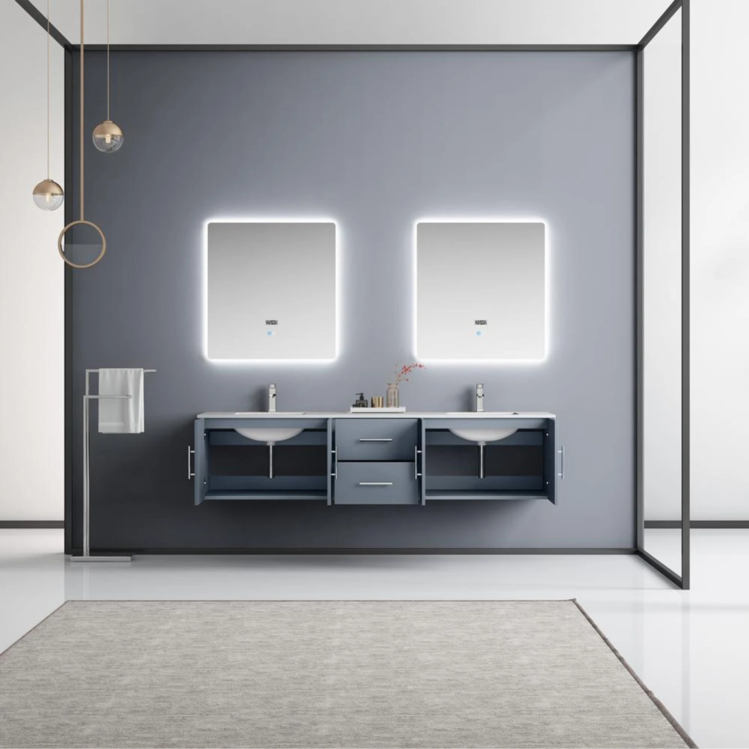 Lexora Geneva 80" Dark Grey Double Vanity, White Carrara Marble Top, White Square Sinks And 30" LED Mirrors W/ Faucets 5 Lexora Geneva 80" Dark Grey Double Vanity, White Carrara Marble Top, White Square Sinks And 30" LED Mirrors W/ Faucets - Image 3