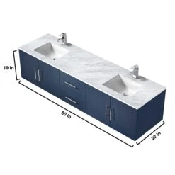 Lexora Geneva 80" Navy Blue Double Vanity, White Carrara Marble Top, White Square Sinks And 30" LED Mirrors W/ Faucets -Home And Outdoor LG192280DEDSLM30F 10