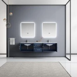 Lexora Geneva 80" Navy Blue Double Vanity, White Carrara Marble Top, White Square Sinks And 30" LED Mirrors W/ Faucets -Home And Outdoor LG192280DEDSLM30F 2