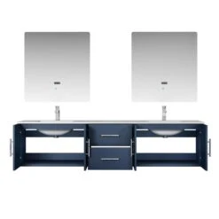 Lexora Geneva 80" Navy Blue Double Vanity, White Carrara Marble Top, White Square Sinks And 30" LED Mirrors W/ Faucets -Home And Outdoor LG192280DEDSLM30F 4