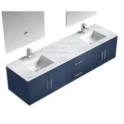 Lexora Geneva 80" Navy Blue Double Vanity, White Carrara Marble Top, White Square Sinks And 30" LED Mirrors W/ Faucets -Home And Outdoor LG192280DEDSLM30F 5