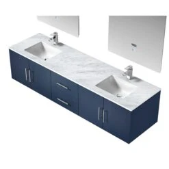 Lexora Geneva 80" Navy Blue Double Vanity, White Carrara Marble Top, White Square Sinks And 30" LED Mirrors W/ Faucets -Home And Outdoor LG192280DEDSLM30F 6