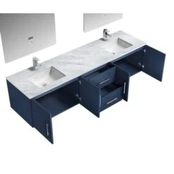 Lexora Geneva 80" Navy Blue Double Vanity, White Carrara Marble Top, White Square Sinks And 30" LED Mirrors W/ Faucets -Home And Outdoor LG192280DEDSLM30F 7