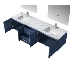 Lexora Geneva 80" Navy Blue Double Vanity, White Carrara Marble Top, White Square Sinks And 30" LED Mirrors W/ Faucets -Home And Outdoor LG192280DEDSLM30F 8