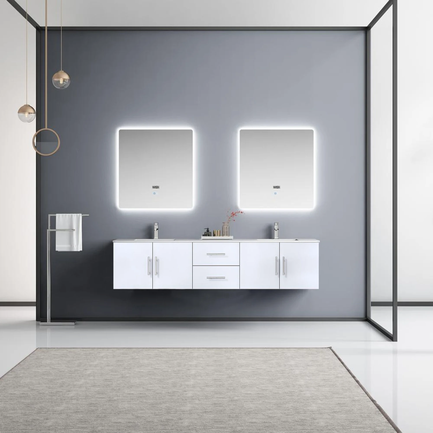 Lexora Geneva 80" Glossy White Double Vanity, White Carrara Marble Top, White Square Sinks And 30" LED Mirrors W/ Faucets 4 Lexora Geneva 80" Glossy White Double Vanity, White Carrara Marble Top, White Square Sinks And 30" LED Mirrors W/ Faucets - Image 2