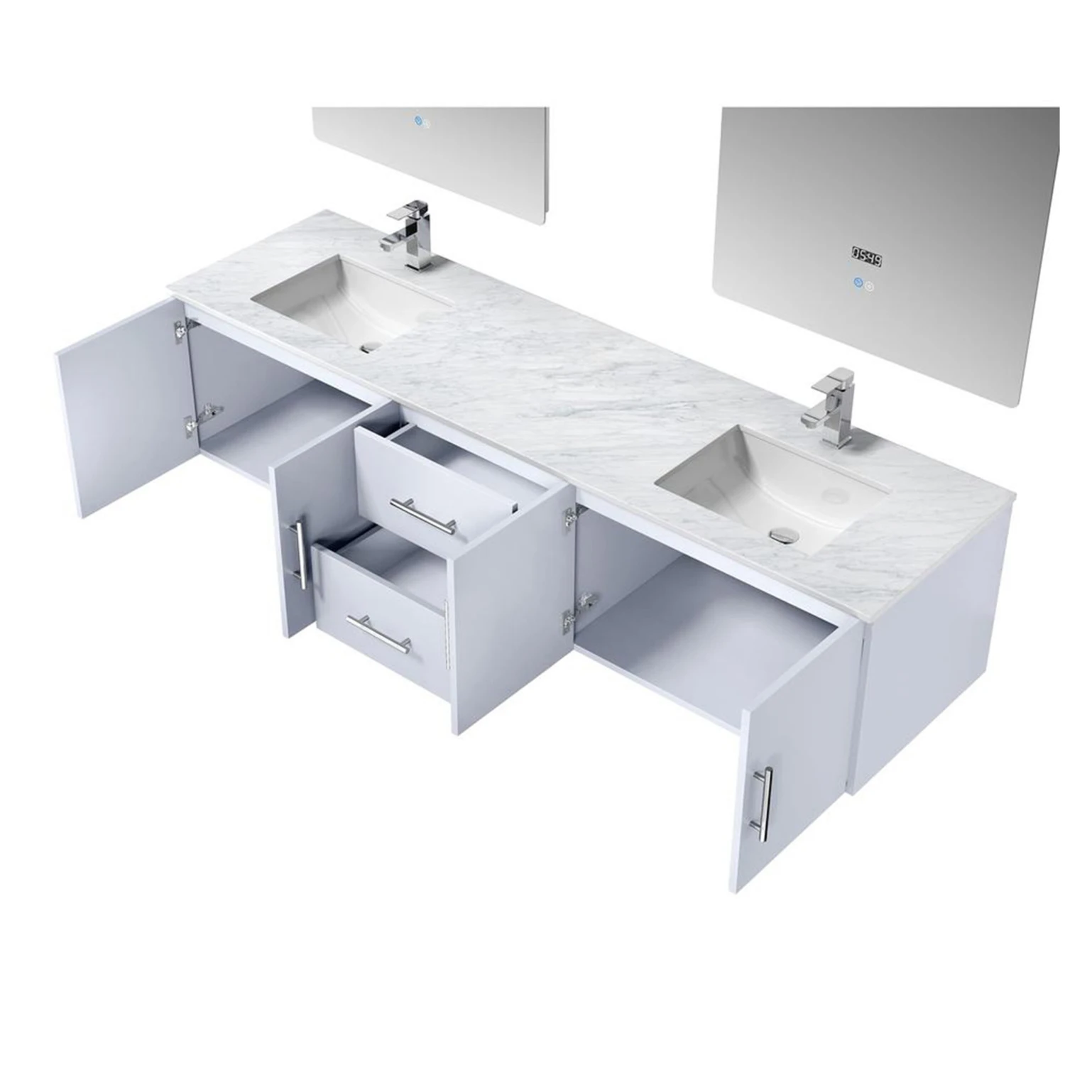 Lexora Geneva 80" Glossy White Double Vanity, White Carrara Marble Top, White Square Sinks And 30" LED Mirrors W/ Faucets 13 Lexora Geneva 80" Glossy White Double Vanity, White Carrara Marble Top, White Square Sinks And 30" LED Mirrors W/ Faucets - Image 11