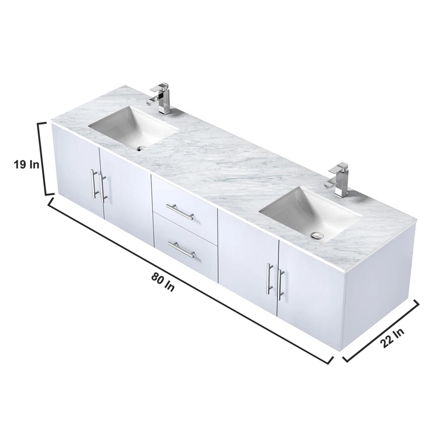 Lexora Geneva 80" Glossy White Double Vanity, White Carrara Marble Top, White Square Sinks And 30" LED Mirrors W/ Faucets 15 Lexora Geneva 80" Glossy White Double Vanity, White Carrara Marble Top, White Square Sinks And 30" LED Mirrors W/ Faucets - Image 13