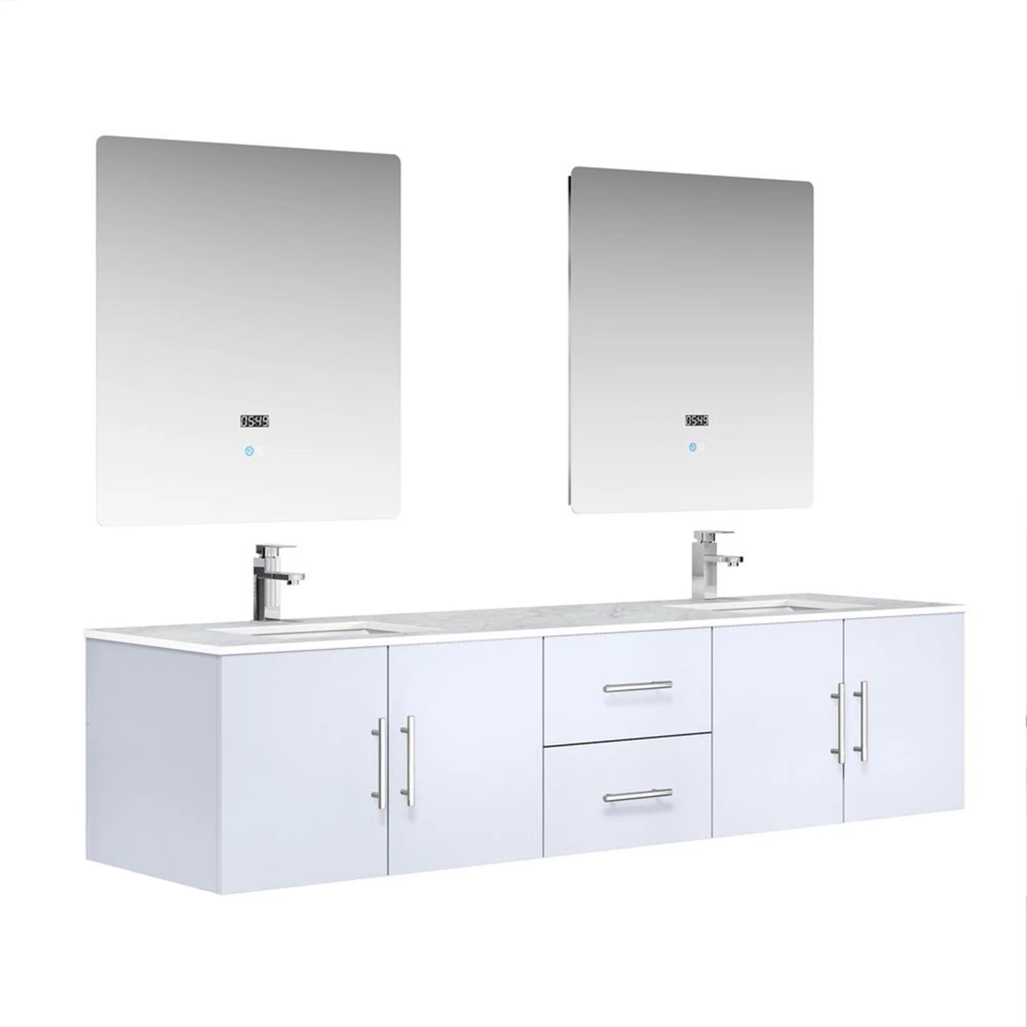 Lexora Geneva 80" Glossy White Double Vanity, White Carrara Marble Top, White Square Sinks And 30" LED Mirrors W/ Faucets 8 Lexora Geneva 80" Glossy White Double Vanity, White Carrara Marble Top, White Square Sinks And 30" LED Mirrors W/ Faucets - Image 6