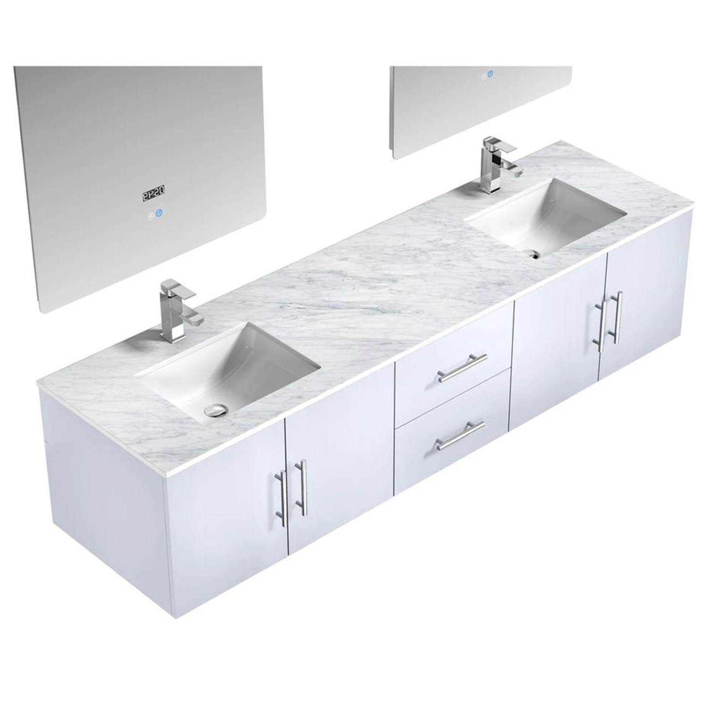Lexora Geneva 80" Glossy White Double Vanity, White Carrara Marble Top, White Square Sinks And 30" LED Mirrors W/ Faucets 10 Lexora Geneva 80" Glossy White Double Vanity, White Carrara Marble Top, White Square Sinks And 30" LED Mirrors W/ Faucets - Image 8