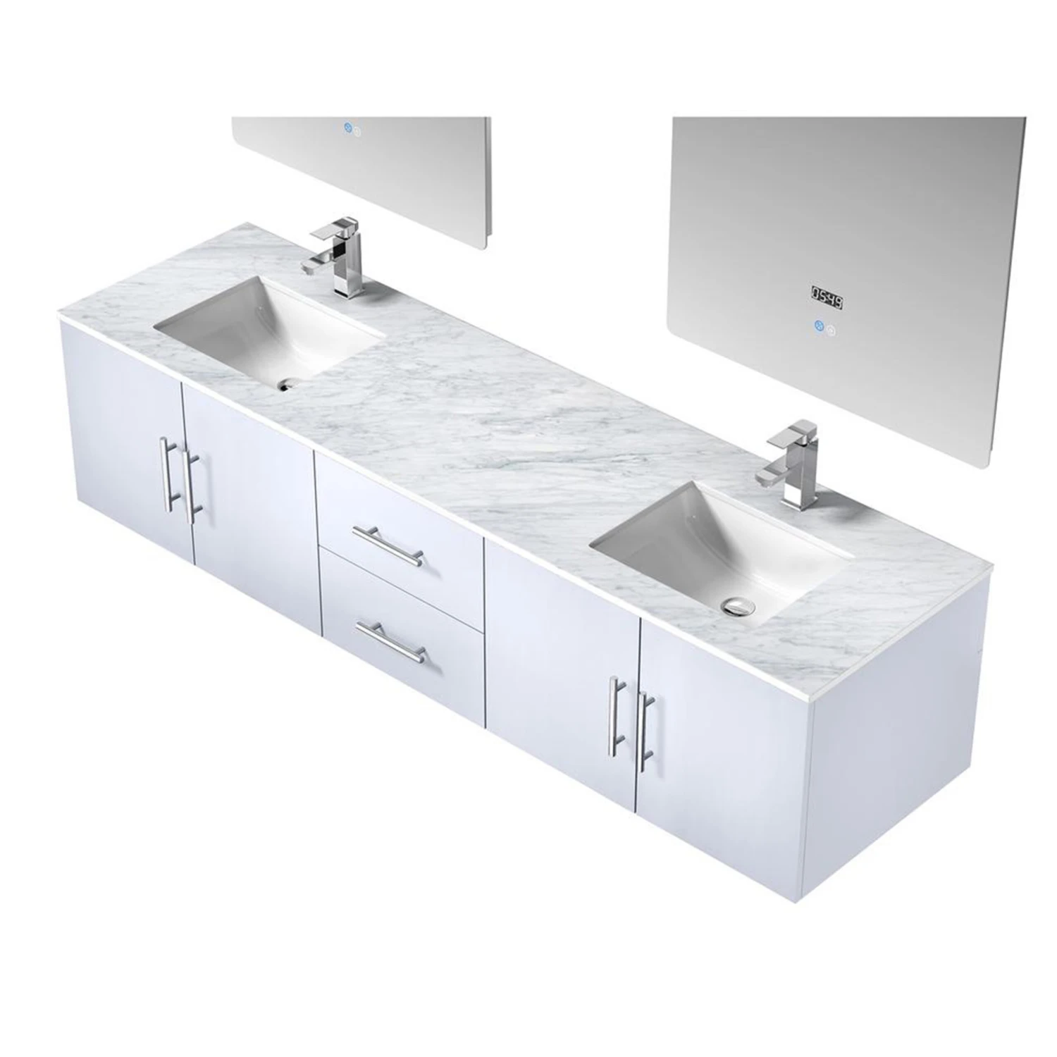 Lexora Geneva 80" Glossy White Double Vanity, White Carrara Marble Top, White Square Sinks And 30" LED Mirrors W/ Faucets 11 Lexora Geneva 80" Glossy White Double Vanity, White Carrara Marble Top, White Square Sinks And 30" LED Mirrors W/ Faucets - Image 9