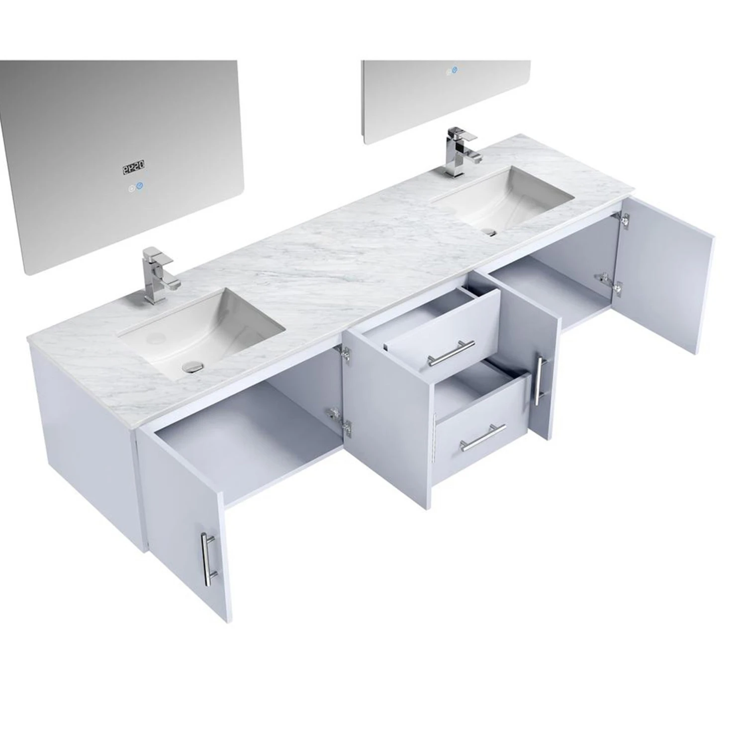 Lexora Geneva 80" Glossy White Double Vanity, White Carrara Marble Top, White Square Sinks And 30" LED Mirrors W/ Faucets 12 Lexora Geneva 80" Glossy White Double Vanity, White Carrara Marble Top, White Square Sinks And 30" LED Mirrors W/ Faucets - Image 10