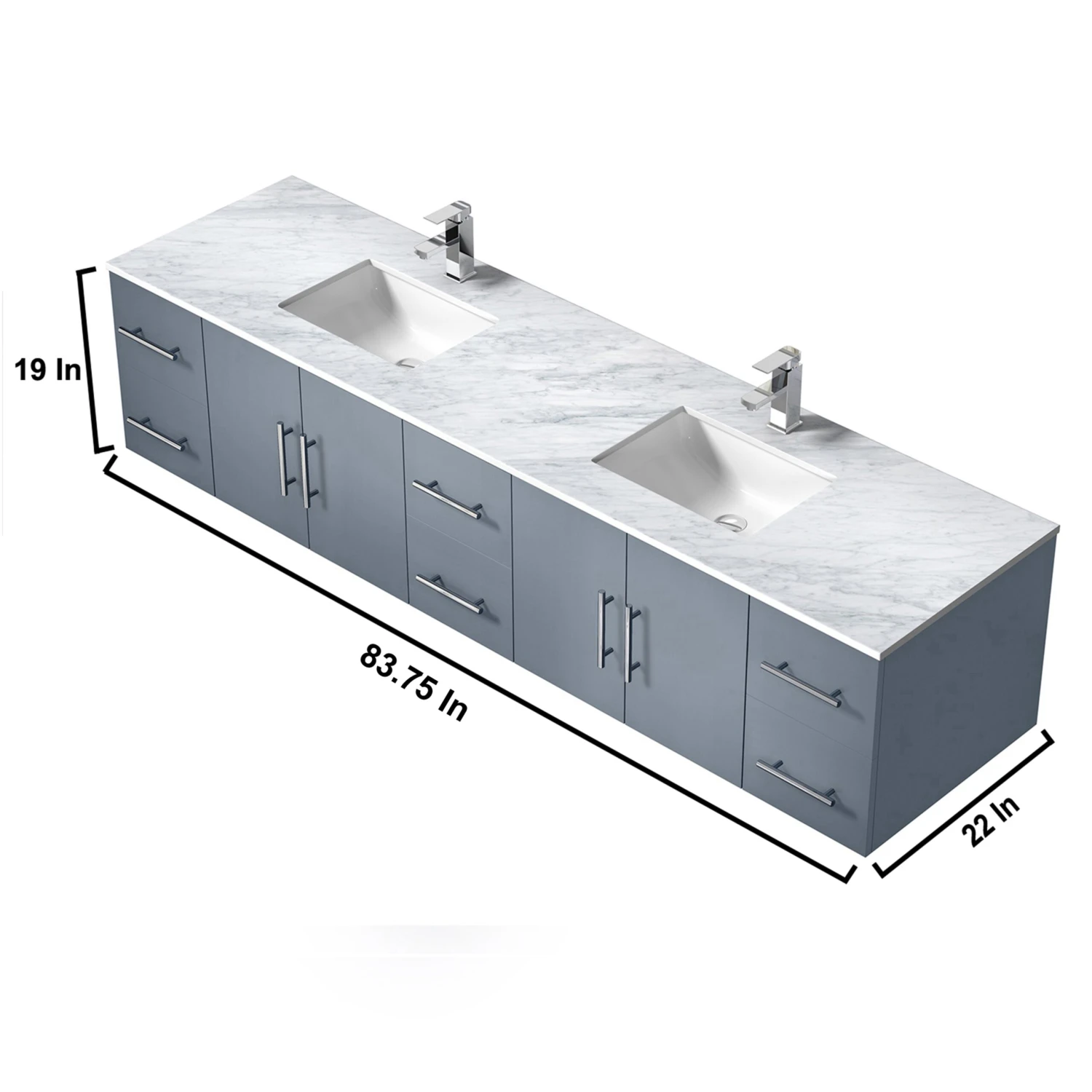 Lexora Geneva 84" Dark Grey Double Vanity, White Carrara Marble Top, White Square Sinks And 36" LED Mirrors W/ Faucets 14 Lexora Geneva 84" Dark Grey Double Vanity, White Carrara Marble Top, White Square Sinks And 36" LED Mirrors W/ Faucets - Image 12