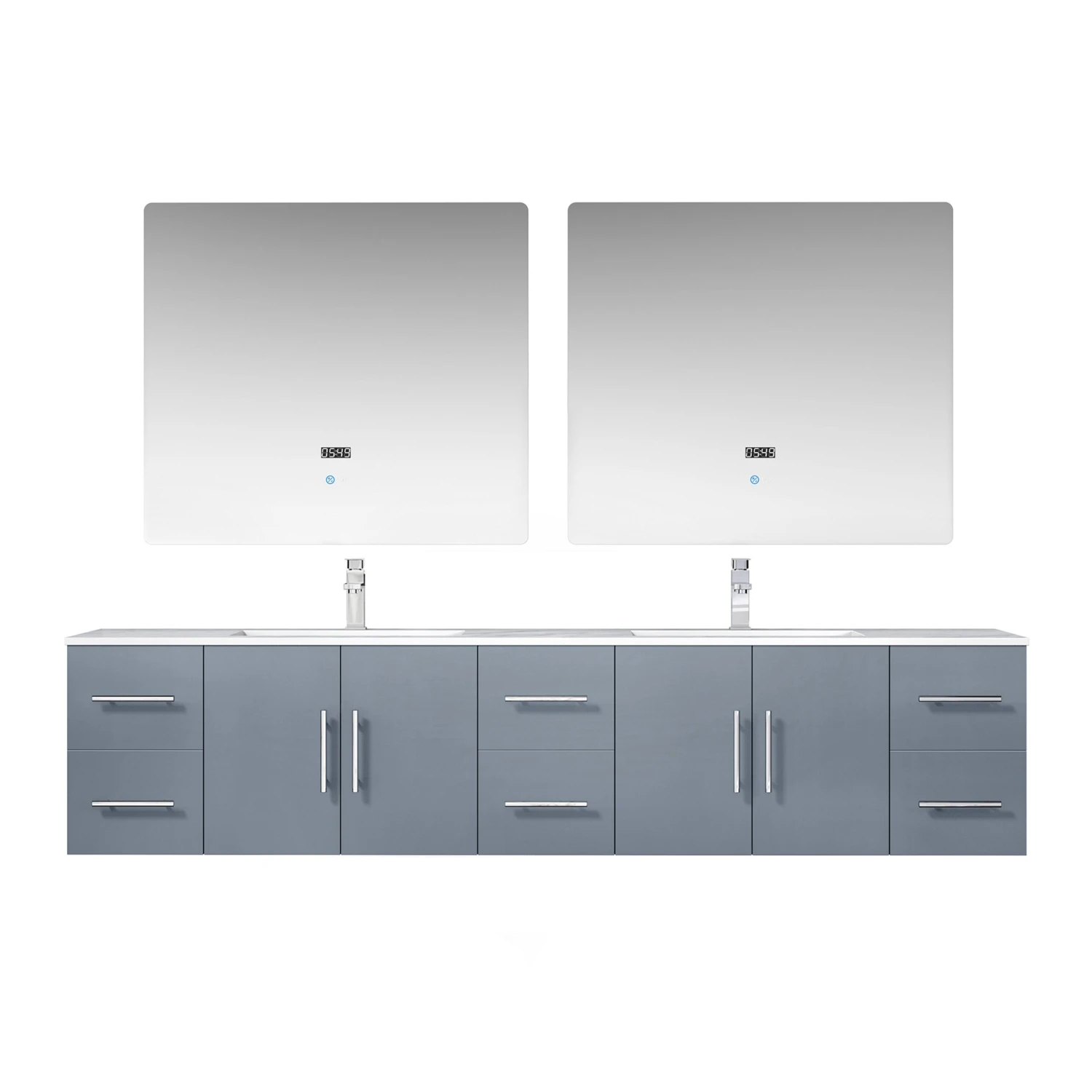 Lexora Geneva 84" Dark Grey Double Vanity, White Carrara Marble Top, White Square Sinks And 36" LED Mirrors W/ Faucets 3 Lexora Geneva 84" Dark Grey Double Vanity, White Carrara Marble Top, White Square Sinks And 36" LED Mirrors W/ Faucets