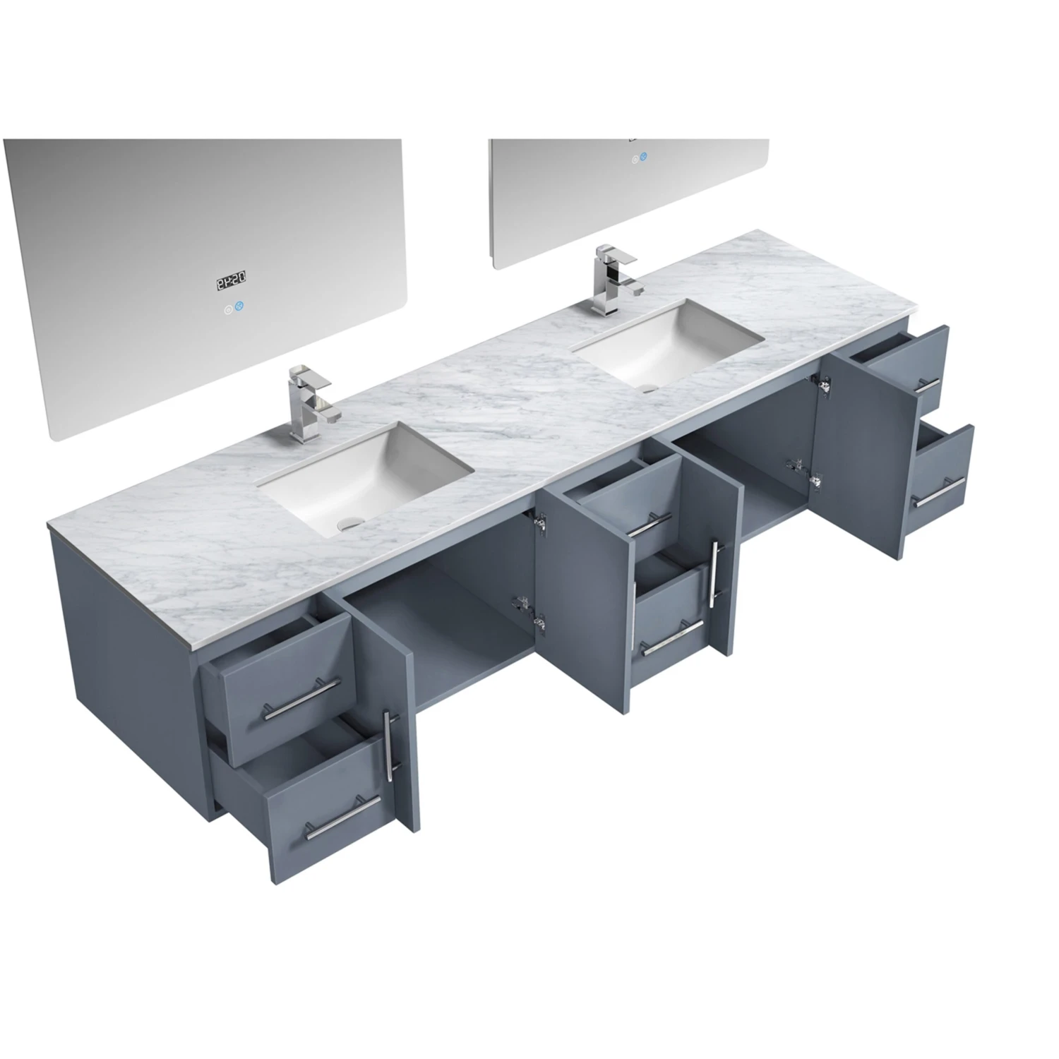Lexora Geneva 84" Dark Grey Double Vanity, White Carrara Marble Top, White Square Sinks And 36" LED Mirrors W/ Faucets 11 Lexora Geneva 84" Dark Grey Double Vanity, White Carrara Marble Top, White Square Sinks And 36" LED Mirrors W/ Faucets - Image 9