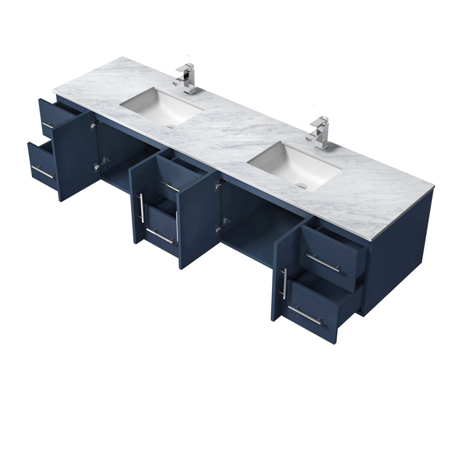 Lexora Geneva 84" Navy Blue Double Vanity, White Carrara Marble Top, White Square Sinks And 36" LED Mirrors W/ Faucets 12 Lexora Geneva 84" Navy Blue Double Vanity, White Carrara Marble Top, White Square Sinks And 36" LED Mirrors W/ Faucets - Image 10