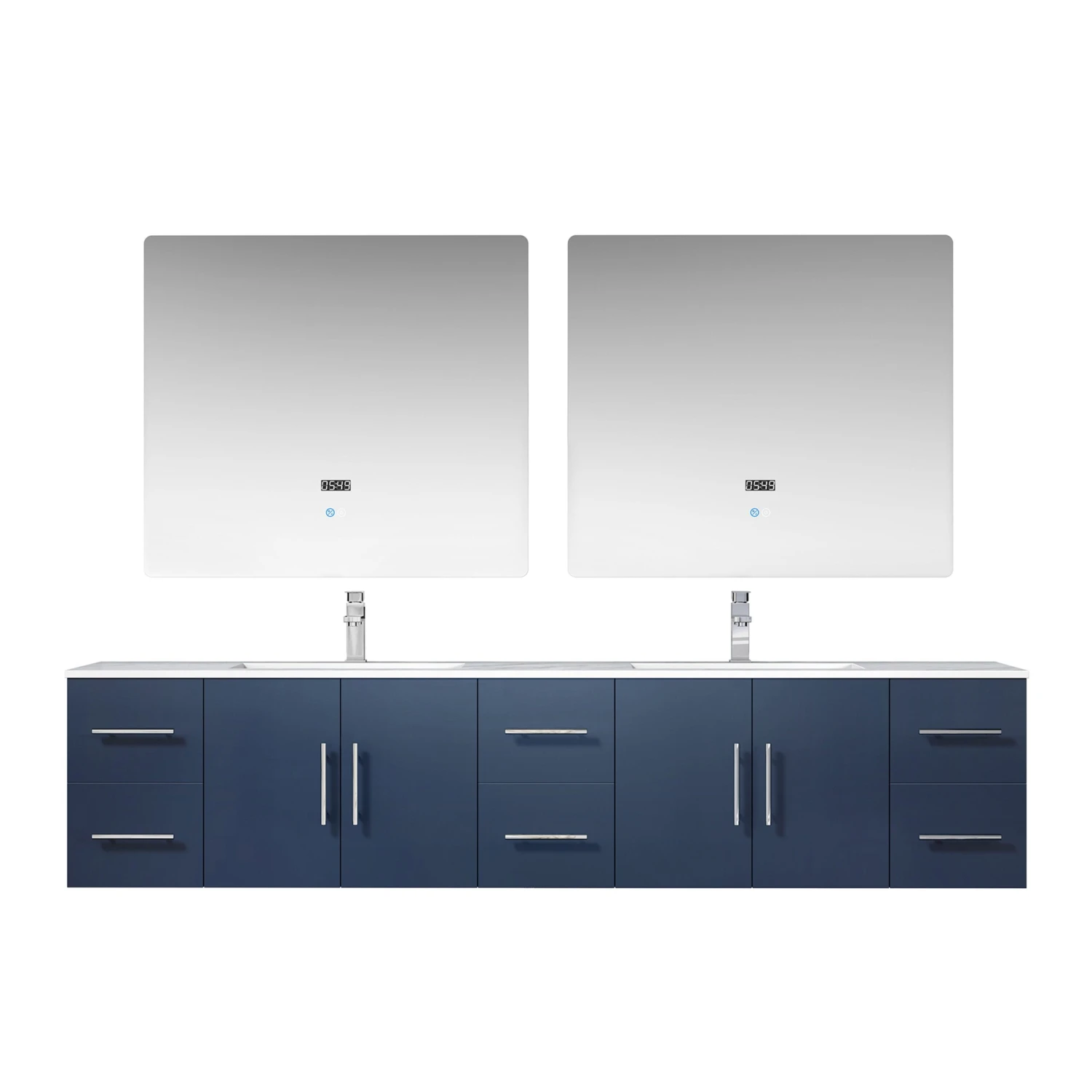 Lexora Geneva 84" Navy Blue Double Vanity, White Carrara Marble Top, White Square Sinks And 36" LED Mirrors W/ Faucets 3 Lexora Geneva 84" Navy Blue Double Vanity, White Carrara Marble Top, White Square Sinks And 36" LED Mirrors W/ Faucets