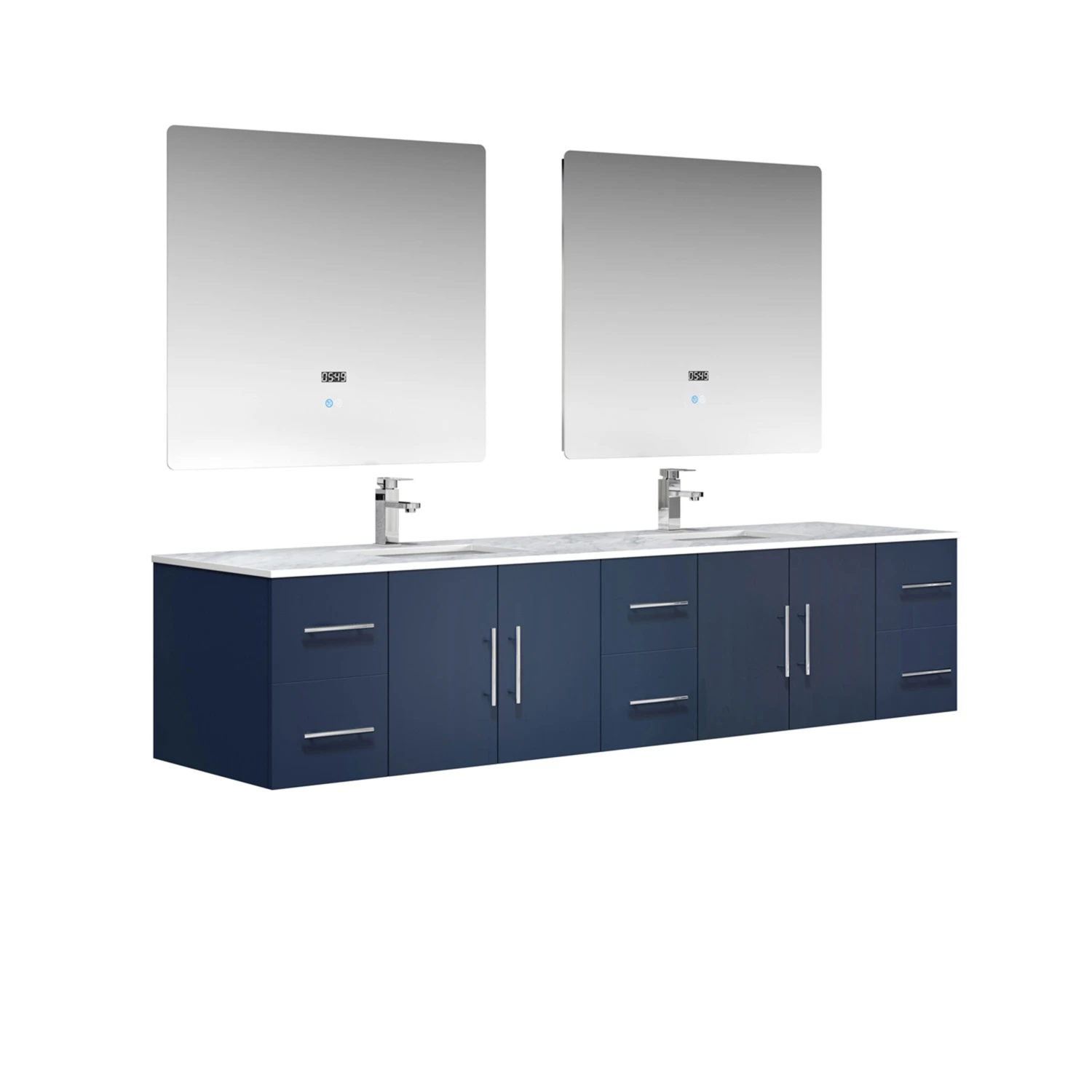 Lexora Geneva 84" Navy Blue Double Vanity, White Carrara Marble Top, White Square Sinks And 36" LED Mirrors W/ Faucets 7 Lexora Geneva 84" Navy Blue Double Vanity, White Carrara Marble Top, White Square Sinks And 36" LED Mirrors W/ Faucets - Image 5