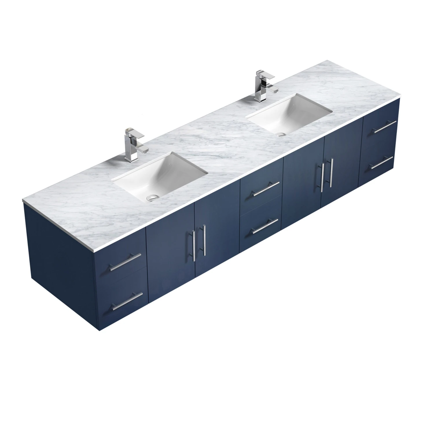 Lexora Geneva 84" Navy Blue Double Vanity, White Carrara Marble Top, White Square Sinks And 36" LED Mirrors W/ Faucets 9 Lexora Geneva 84" Navy Blue Double Vanity, White Carrara Marble Top, White Square Sinks And 36" LED Mirrors W/ Faucets - Image 7