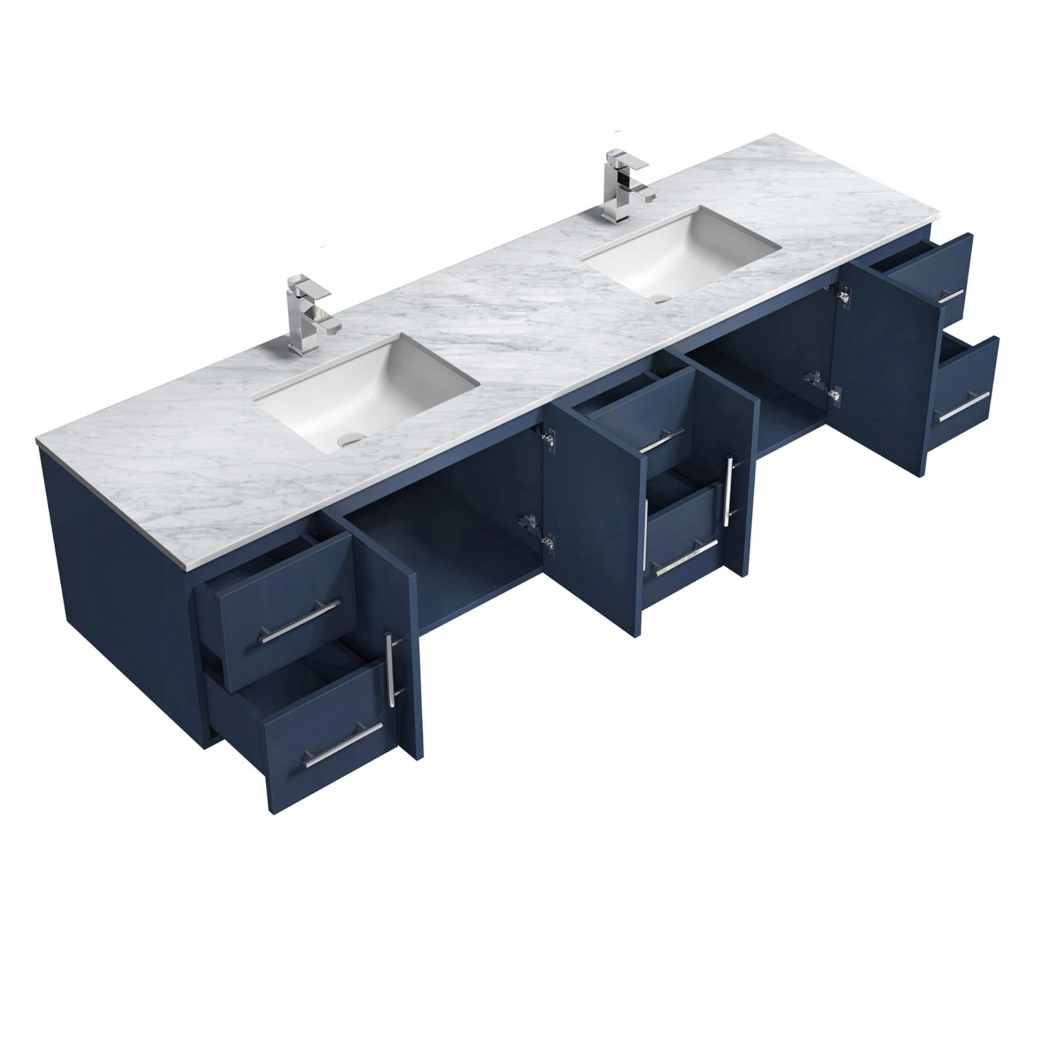 Lexora Geneva 84" Navy Blue Double Vanity, White Carrara Marble Top, White Square Sinks And 36" LED Mirrors W/ Faucets 11 Lexora Geneva 84" Navy Blue Double Vanity, White Carrara Marble Top, White Square Sinks And 36" LED Mirrors W/ Faucets - Image 9