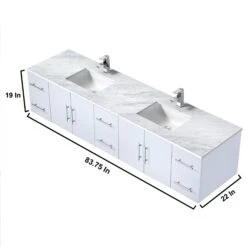 Lexora Geneva 84" Glossy White Double Vanity, White Carrara Marble Top, White Square Sinks And 36" LED Mirrors W/ Faucets -Home And Outdoor LG192284DMDSLM36F 12