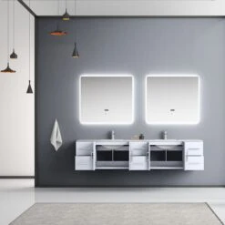 Lexora Geneva 84" Glossy White Double Vanity, White Carrara Marble Top, White Square Sinks And 36" LED Mirrors W/ Faucets -Home And Outdoor LG192284DMDSLM36F 2