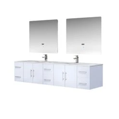 Lexora Geneva 84" Glossy White Double Vanity, White Carrara Marble Top, White Square Sinks And 36" LED Mirrors W/ Faucets -Home And Outdoor LG192284DMDSLM36F 6