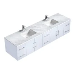 Lexora Geneva 84" Glossy White Double Vanity, White Carrara Marble Top, White Square Sinks And 36" LED Mirrors W/ Faucets -Home And Outdoor LG192284DMDSLM36F 7