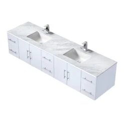 Lexora Geneva 84" Glossy White Double Vanity, White Carrara Marble Top, White Square Sinks And 36" LED Mirrors W/ Faucets -Home And Outdoor LG192284DMDSLM36F 8