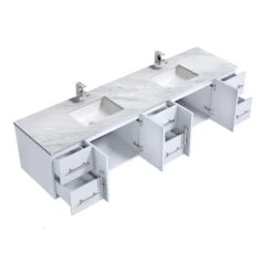 Lexora Geneva 84" Glossy White Double Vanity, White Carrara Marble Top, White Square Sinks And 36" LED Mirrors W/ Faucets -Home And Outdoor LG192284DMDSLM36F 9
