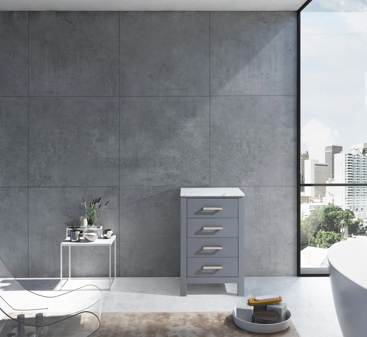 Lexora Jacques 20" Dark Grey Side Cabinet, White Carrara Marble Top 6 Lexora Jacques 20" Dark Grey Side Cabinet, White Carrara Marble Top - Image 4