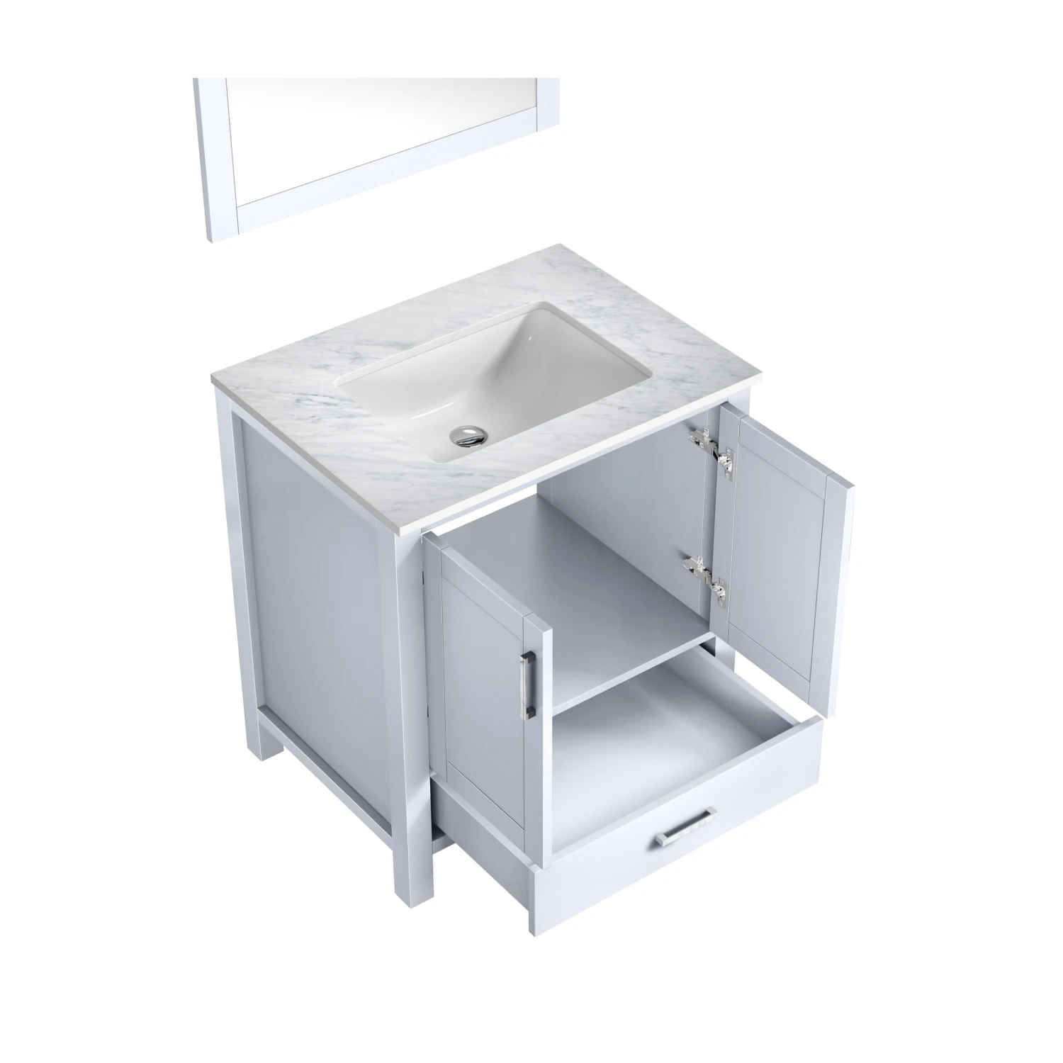 Lexora Jacques 30" White Single Vanity, White Carrara Marble Top, White Square Sink And 28" Mirror 12 Lexora Jacques 30" White Single Vanity, White Carrara Marble Top, White Square Sink And 28" Mirror - Image 10