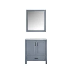 Lexora Jacques 30" Dark Grey Single Vanity, White Carrara Marble Top, White Square Sink And 28" Mirror