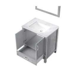 Lexora Jacques 30" Distressed Grey Single Vanity, White Carrara Marble Top, White Square Sink And 28" Mirror -Home And Outdoor LJ342230SDDSM28 10
