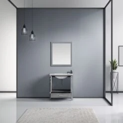 Lexora Jacques 30" Distressed Grey Single Vanity, White Carrara Marble Top, White Square Sink And 28" Mirror -Home And Outdoor LJ342230SDDSM28 2