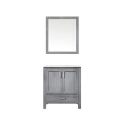Lexora Jacques 30" Distressed Grey Single Vanity, White Carrara Marble Top, White Square Sink And 28" Mirror