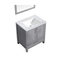 Lexora Jacques 30" Distressed Grey Single Vanity, White Carrara Marble Top, White Square Sink And 28" Mirror -Home And Outdoor LJ342230SDDSM28 7