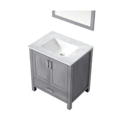 Lexora Jacques 30" Distressed Grey Single Vanity, White Carrara Marble Top, White Square Sink And 28" Mirror -Home And Outdoor LJ342230SDDSM28 8